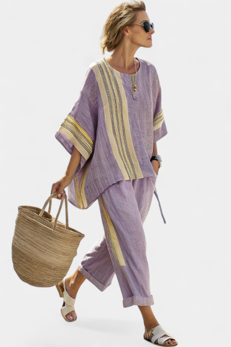 María Ethnic Bamboo Linen Set with Stripes and Wide Cut