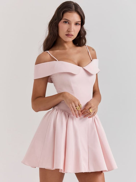 Ballet Pink Off-Shoulder Spaghetti Strap Mini Dress
