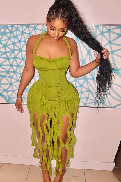 Kezi – Backless Halter Mini Dress with Tassel Detail