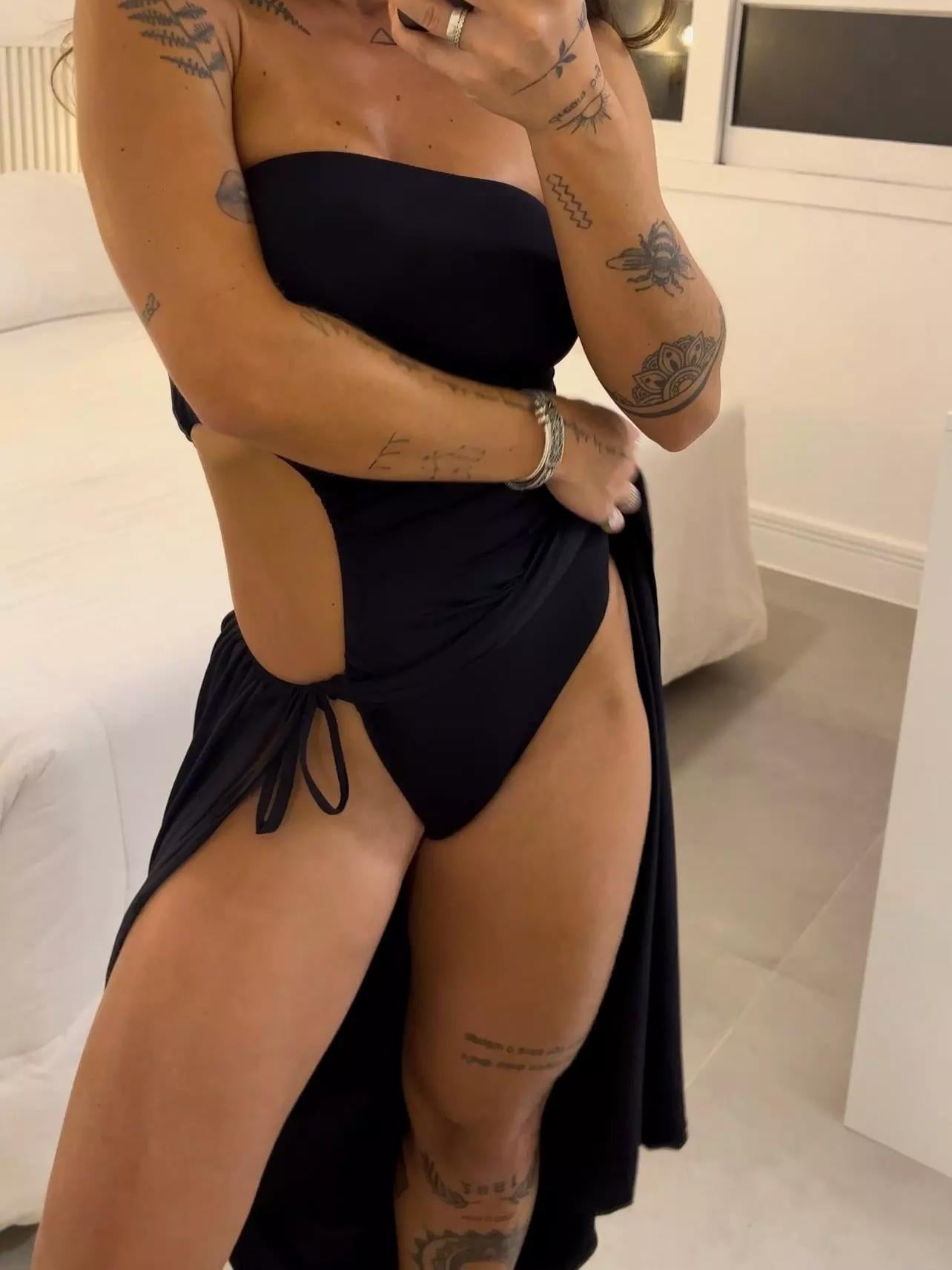 Jasmine - Bandeau Side Slit Tie Bodysuit Dress