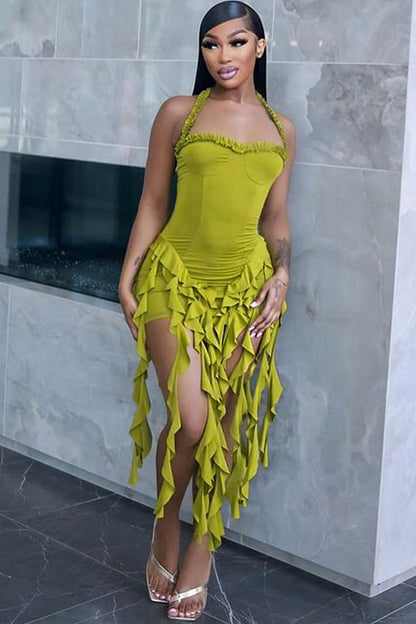 Kezi – Backless Halter Mini Dress with Tassel Detail