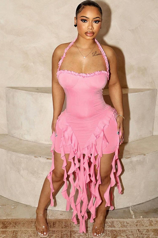 Kezi – Backless Halter Mini Dress with Tassel Detail