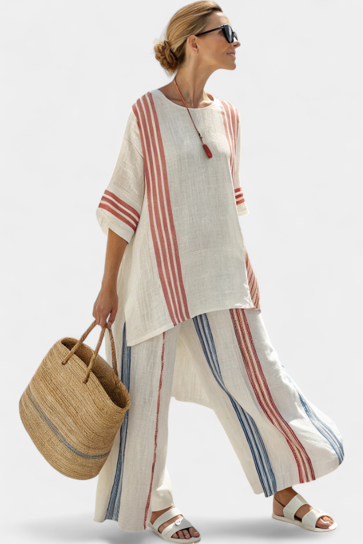 María Ethnic Bamboo Linen Set with Stripes and Wide Cut