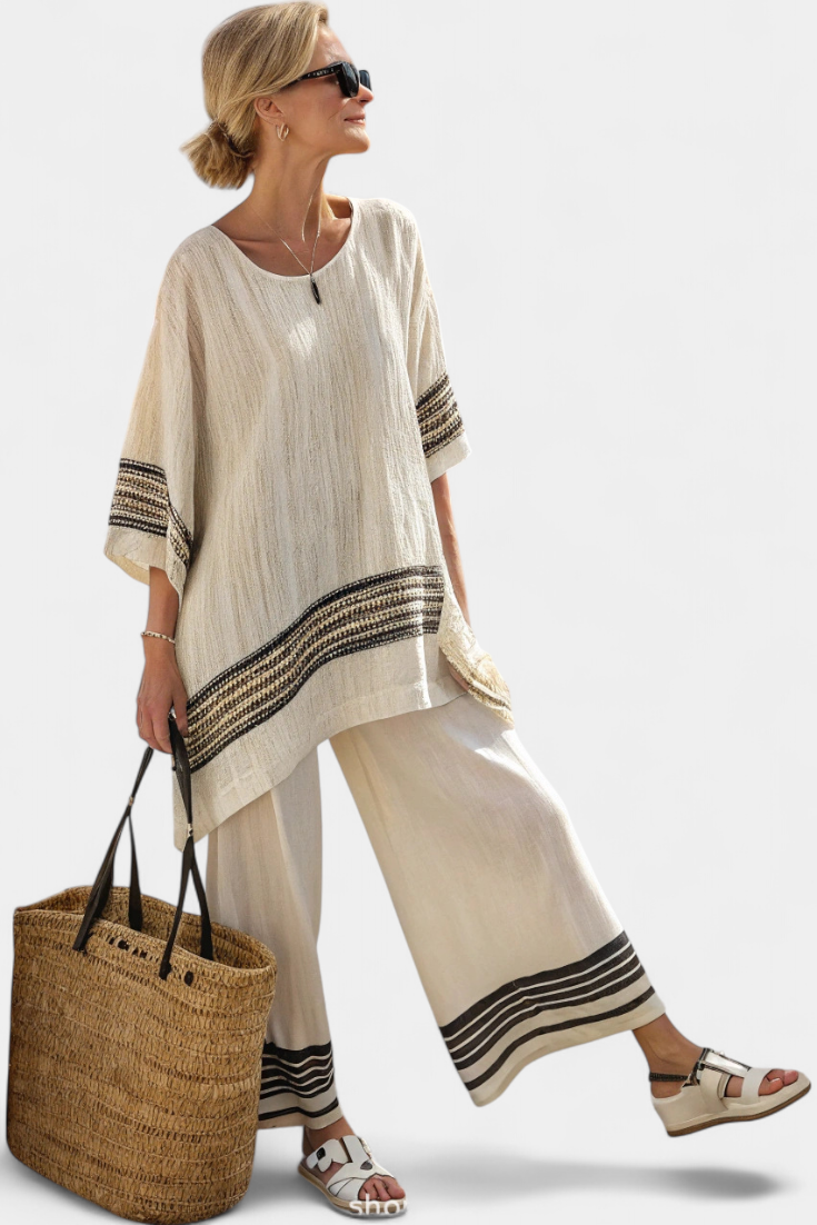 María Ethnic Bamboo Linen Set with Stripes and Wide Cut
