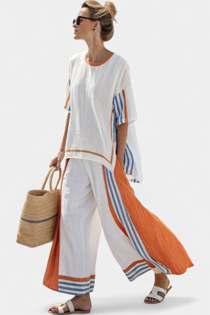 María Ethnic Bamboo Linen Set with Stripes and Wide Cut