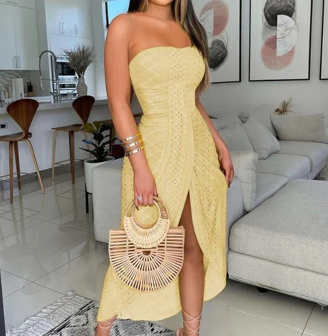 Lara - Strapless Midi Dress with Openwork Embroidery and Slit