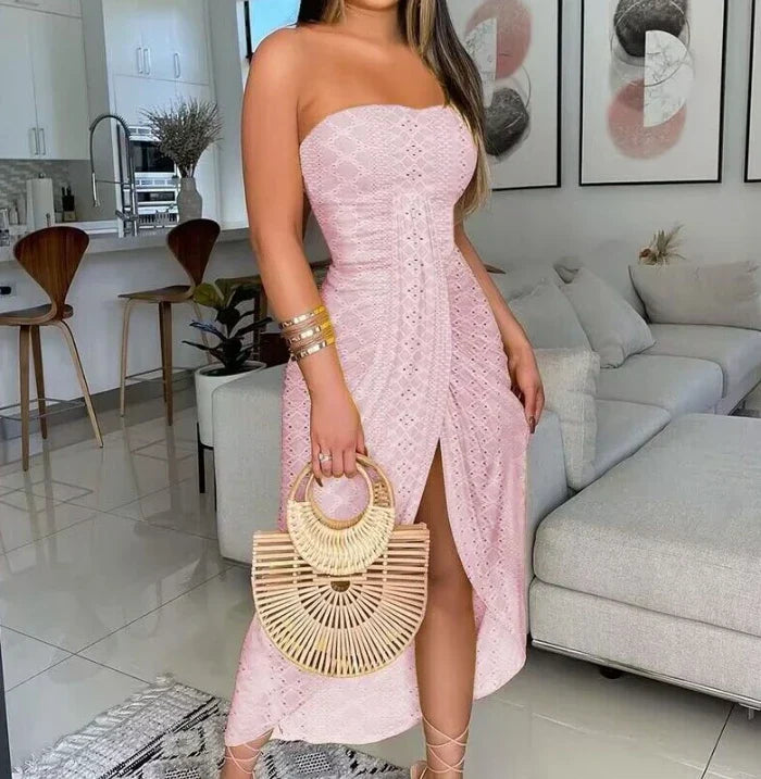 Lara - Strapless Midi Dress with Openwork Embroidery and Slit