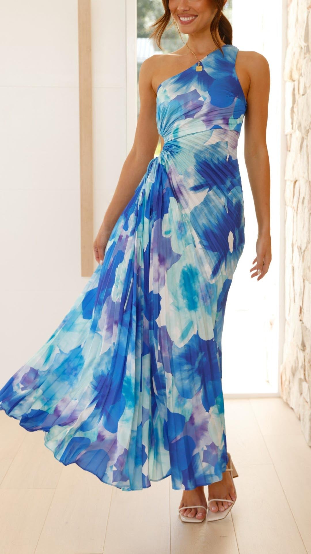 Madison | Floral Pleated One Shoulder Maxi Dress