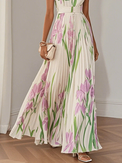 Nina - Stylish Floral Pleated Long Dress