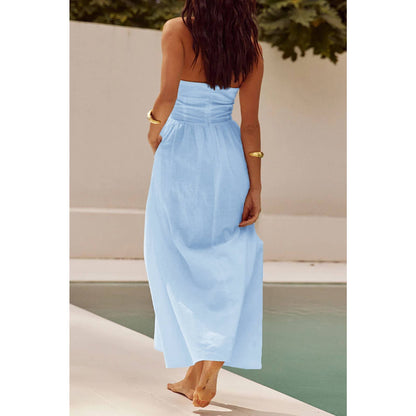 Halter Solid Pockets Sleeveless A Line Long Dress
