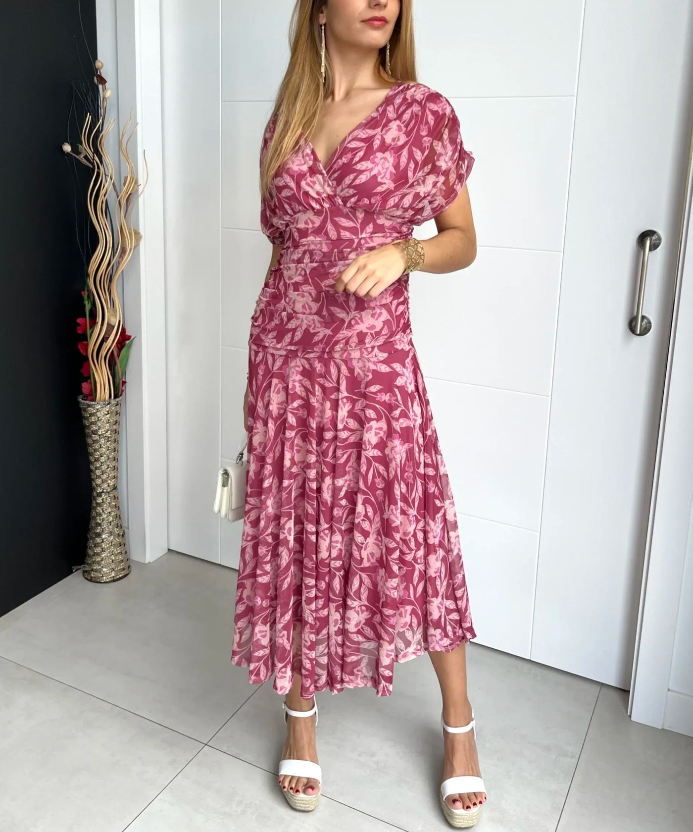 Christina™ | Off-Shoulder V-Neck Printed Dress