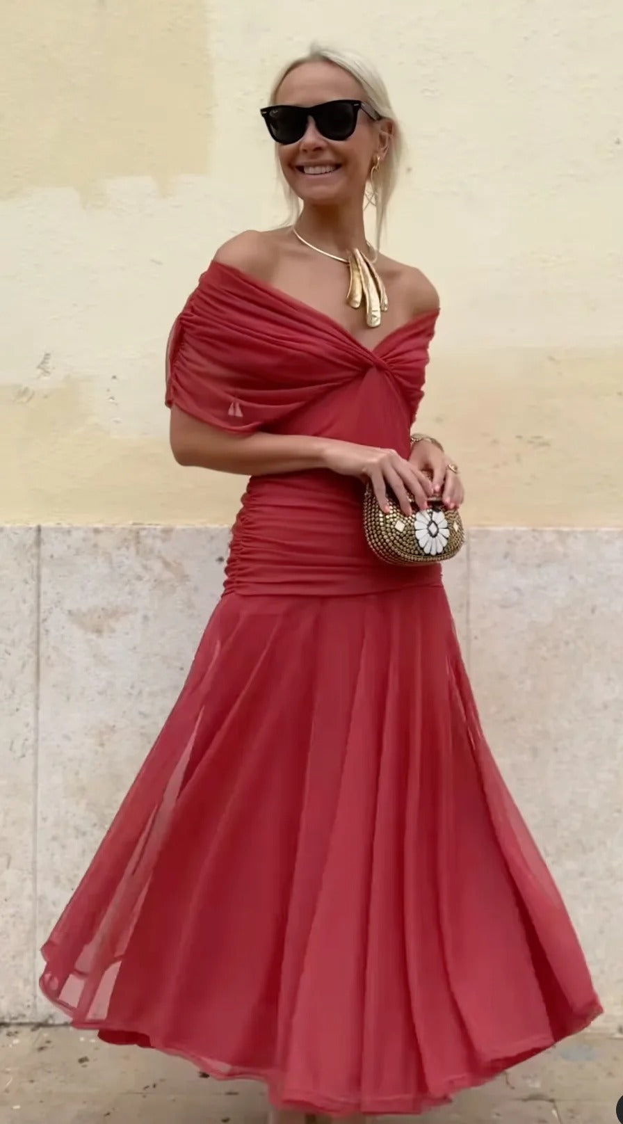 Christina™ | Off-Shoulder V-Neck Printed Dress